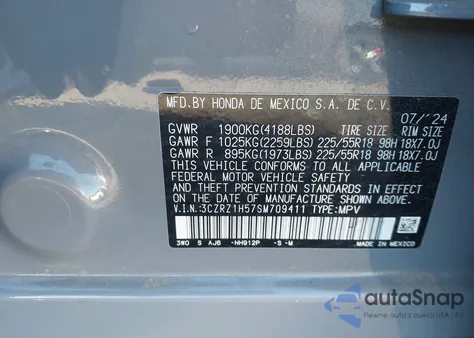 2025 Honda Hr-V 2Wd Sport z USA, uszkodzony, nr VIN 3CZRZ1H57SM709411